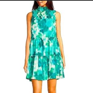 NWT Taylor Tie-Dye Smocked Bodice Mock Neckline Sleeveless Trapeze Dress Size M